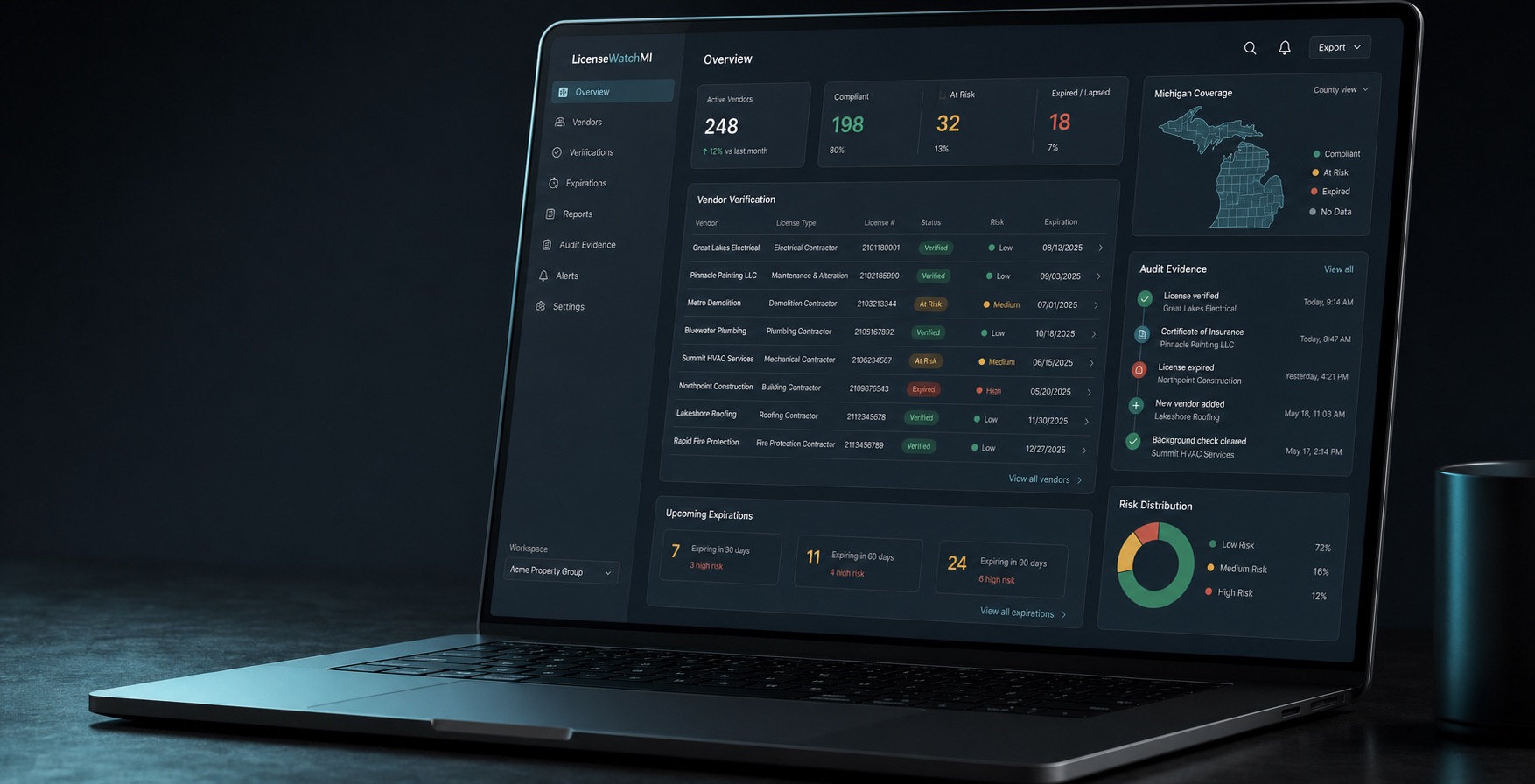 Dark compliance dashboard showing vendor license verification rows and audit evidence panels
